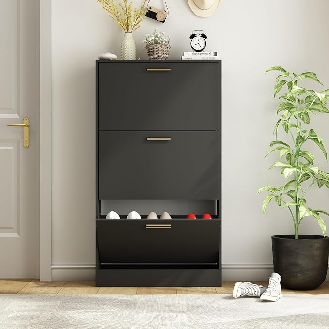 Shoe Cabinet Storage for Entryway, White Shoe Organizer with 2 Flip Drawers & Open Shelf, Freestanding Hidden Large Shoe Storage Cabinet (2pc-Black, 3 Flip Drawers)