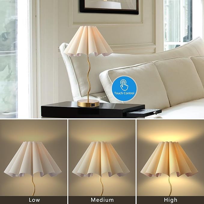 EOEYYOYB Pleated Table Lamp, Set of 2 Table Lamps for Bedroom, Bedside Lamps for Nightstand with Linen Lampshade, Modern Lamp for Bedroom Home Office Decor, Gold