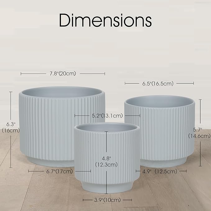 Oakrain Plant Pots with Vertical Stripes 7.8/6.5/5.2 inch, Set of 3 Modern Decorative Planters for Indoor Outdoor Plants, Flower Pot with Drainage Holes, Ceramic Blue