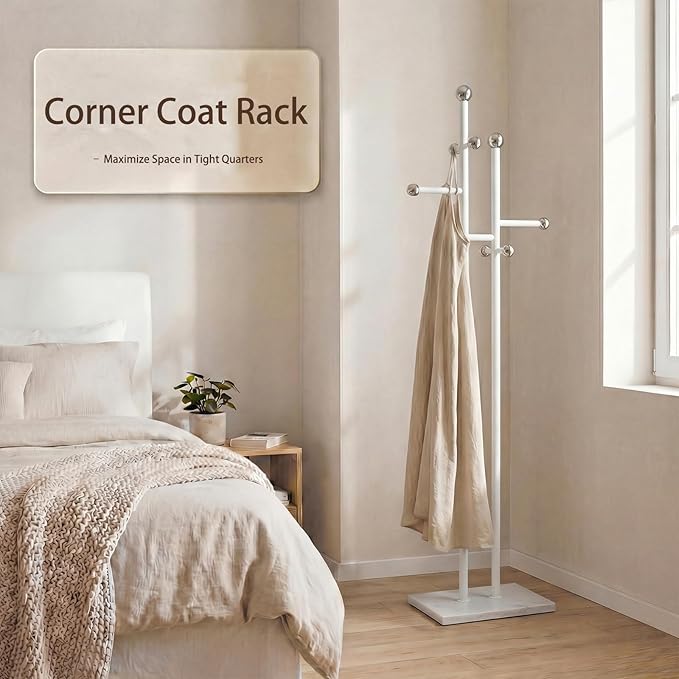 Heavy Duty Narrow Coat Rack with 1.0mm Thickened Iron Wall, 14 Interchangeable Hooks & 3.6kg Marble Base, Anti-Slip Freestanding Coat Tree for Entryway Office (68.9" Tall, White)