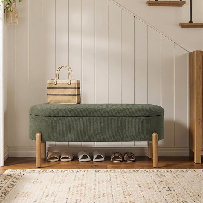 Storage Bench Ottoman, Upholstered Corduroy Storage Bench for Bedroom End of Bed, Modern Aesthetic Furniture, Large Oval Ottoman Bench for Foot of Bed, Living Room, Entryway, Under Window (Green)