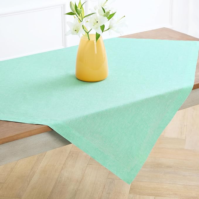 Solino Home Linen Cloth Tablecloth 52 x 52 Inch - 100% Pure Linen Chambray Aqua Square Tablecloth - Athena, Machine Washable Table Throw for Summer
