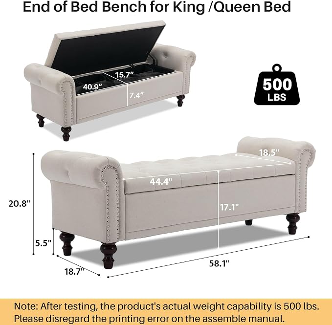 SOFTHION 58.1" Storage Bench Upholstered Linen End of Bedroom Bed Bench Ottoman with Tufted Cushioned Rolled Arm Large Storage Space for Reading Living Room Entryway, Beige