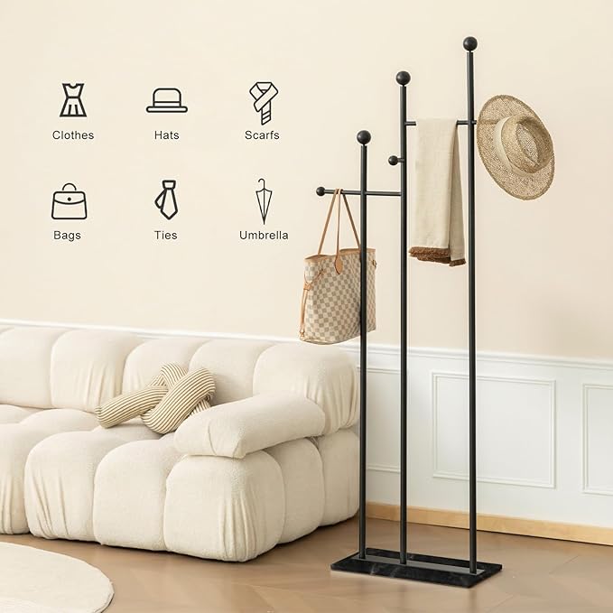 JIAYUEJU Metal Freestanding Coat Rack with Marble Base Heavy Duty Clothes Rack Coat Tree Stand Hat Rack for Corner Bedroom Entryway Living Room Hotel 19.69 x 11.02 x 68.9 Inches (Black)