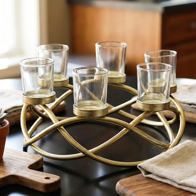 Seraphic Centerpieces for Table Decor, Tealight Candle Holder, Gold/Clear | Wedding Event & Ramadan Decor, Round Patio Umbrella Centerpiece, Wrought Iron 6 Votive Holders, Dining, 10.5in Round