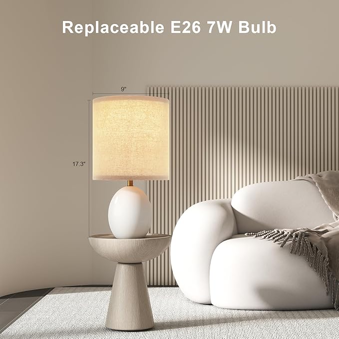 Dawnwake 18.5" Table Lamp Set of 2 for Living Room Bedroom, Bedside Lamps for Night Stands, Desk Nightstand Lamp Dimmable, Modern Linen Cream Ceramic Lamps (White-B)