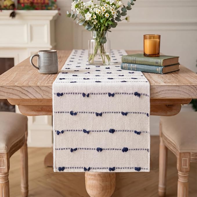 Artoid Mode Dark Blue Boho Farmhouse Cotton Woven Table Runner, Seasonal Summer Kitchen Dining Table Decoration for Home Party Decor 12x90 Inch