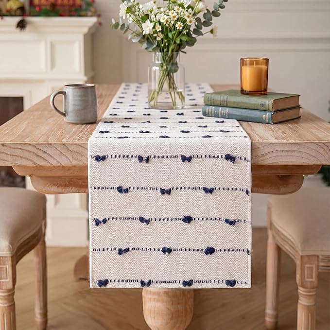 Artoid Mode Dark Blue Boho Farmhouse Cotton Woven Table Runner, Seasonal Summer Kitchen Dining Table Decoration for Home Party Decor 12x108 Inch