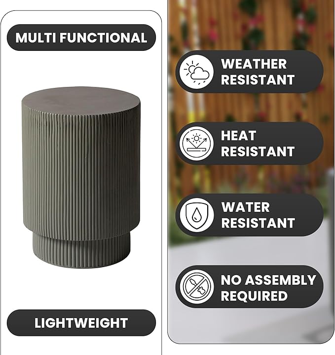 LeisureMod Modern Side Table Round Fiberstone Top Accent End Table for Home, Outdoor Patio, Living Room Sofa, Weather-Resistant, Eden Series in Grey