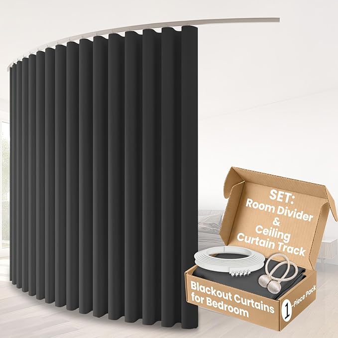 Room Divider Curtains & Flexible Bendable Tracks Set,Privacy Dividers Ceiling Track Curtain Window Blackout Curtains for Living Room Bedroom (W100 × H84 in 1 Panel Grey Drape & White Rail)