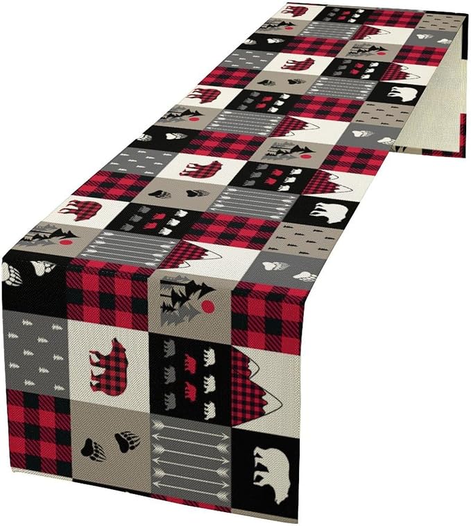 Vintage Rustic Table Rustic Cabin Red Brown Bear Retro Wildlife Farmhouse Theme for Kitchen Dining Room Holiday Party Family Gatherings Decor 13x120in