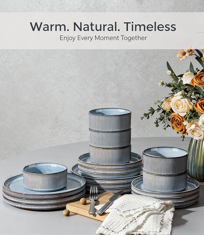 GBHOME 12-Piece Stoneware Dinnerware Set for 4 – Ribbed Ceramic Plates and Bowls, Scratch-Resistant, Microwave & Dishwasher Safe, Reactive Glaze, Deep Tidal Blue