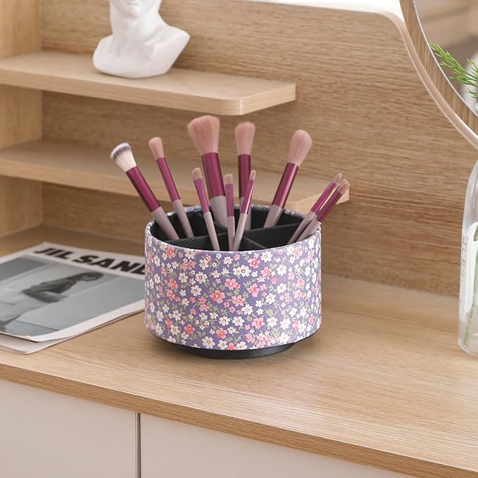 360 Degree Rotating Remote Holder for Table, Spinning Desk Organizer, Desk Caddy Pen Cup for Nightstand, Coffee Table, Office, 4 Compartment Stationary Remote Basket, Small Flowers PH129