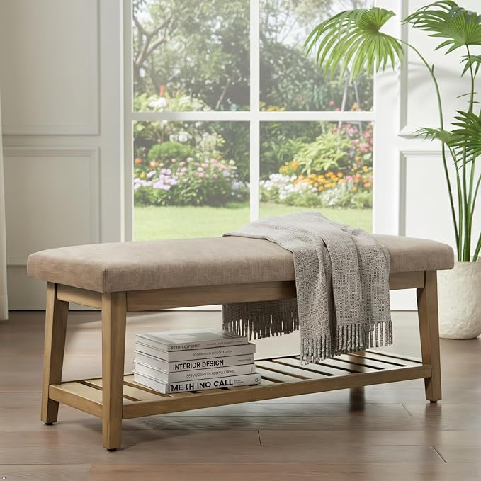 Zihanhome Entryway Shoe Bench with Cushion, End of Bed Bench,Upholstered Bench for Kitchen, Bench with Solid Wood Shelf, Fabric Ottoman Bench for Hallway, Living Room (Brown)