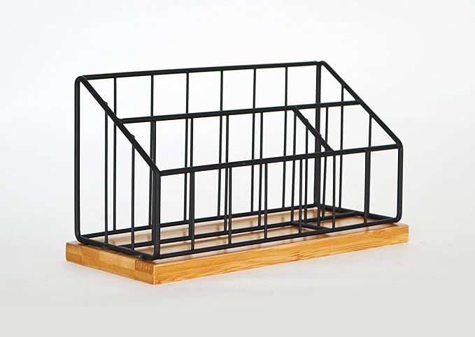 AQ Desk Organizer for Home/Office, Multi-Functional, 3 Compartments for Holding Desktop Supplies/Accessories, Wire Wood Design - Matte Black & Bamboo