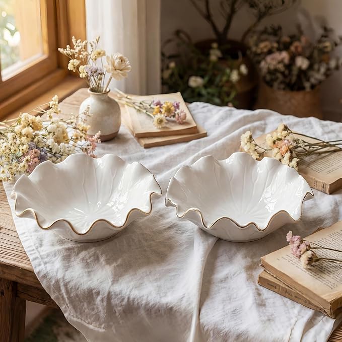2 Pack White Lotus Ceramic Decorative Bowls 7.48 x 2.56 Inch Ruffle Lotus Leaf Scalloped Bowl with Gold Trim for Coffee Table Counter Keys Coins Catchall