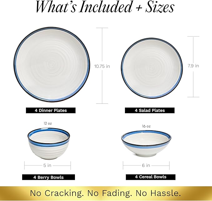 Sango Siterra Santorini 16-Piece Stoneware Dinnerware Set for 4, Ceramic White Plates and Bowls Sets with Blue Rim & Reactive Glaze, Chip Resistant Dish Set, Microwave & Dishwasher Safe Kitchen Dishes