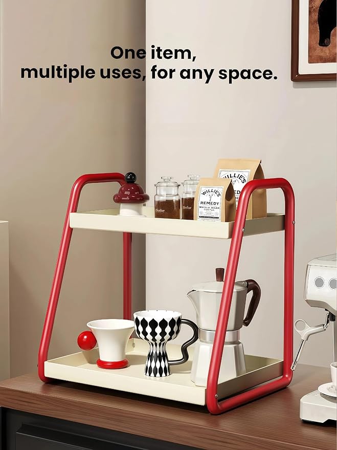 2 Tier Metal Spice Rack Pantry storage tall bottle seasoning Kitchen shelf Coffee syrup rack Coffee Bar accessories Make-up Perfume Organizer for bathroom counter coffee stand countertop Red, 15.8”