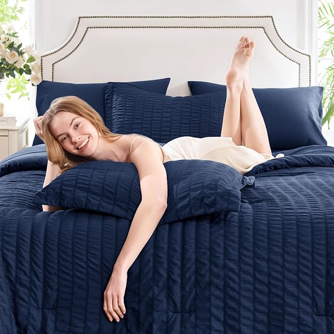 CozyLux Twin XL Comforter Set with Sheets Seersucker Navy Blue 5 Pieces Bed in a Bag, Twin Extra Long Luxury Soft Bedding Sets College Dorm with Down Alternative Comforter, Sheets, Pillowcase & Sham