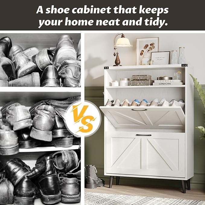 Halitaa Shoe Cabinet with 2 Flip Drawers & Open Storage,Farmhouse Shoe Storage Cabinet for Entryway,Freestanding Narrow Organizer Rack with Legs,Foyer,Hallway,White