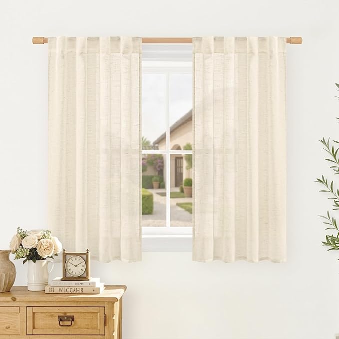 LAMIT Semi Sheer Linen Curtains 48 Inch Length for Windows, Light Filtering Short Kitchen Drapes Back Tab and Rod Pocket Neutral Farmhouse Panels for Bedroom/Living Room, 2 Panels, 34 x 48 Inch