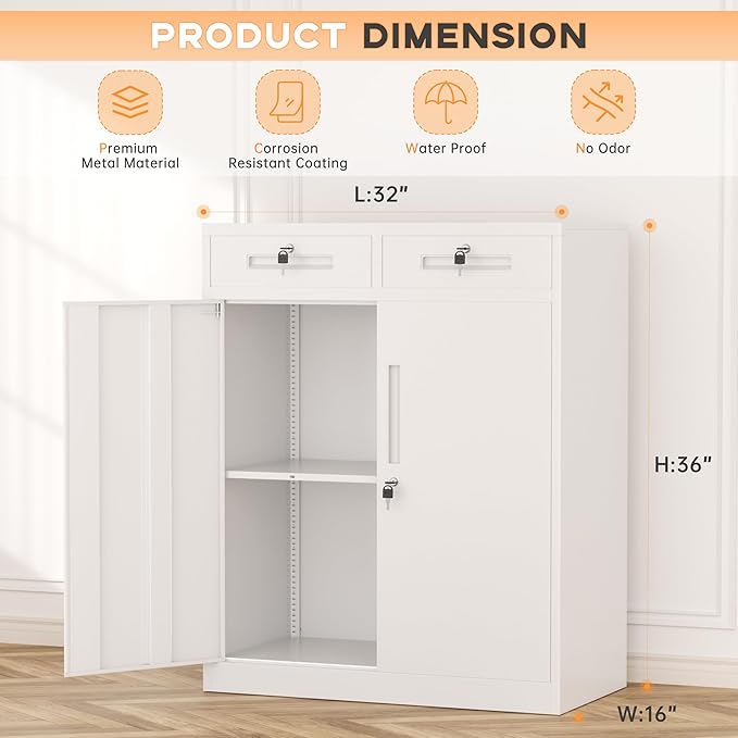 INTERGREAT Metal Garage Storage Cabinet, 36" Locking Counter Cabinet with 2 Locking Doors and 2 Adjustable Shelves, Small Steel Cabinet for for Home Office, Gym, School(White)