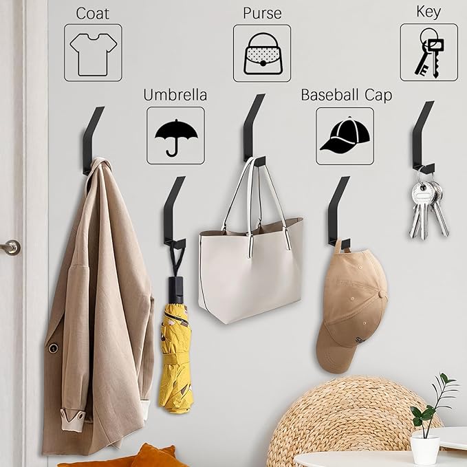 6 Pack Coat Hooks Wall Mount - Heavy Duty Hat Hangers, Large Wall Hooks for Mudroom Entryway Bathroom, Decorative Metal Hook Rack for Hanging Purse, Baseball Cap, Key, Backpack, Towel, Robe (Black)