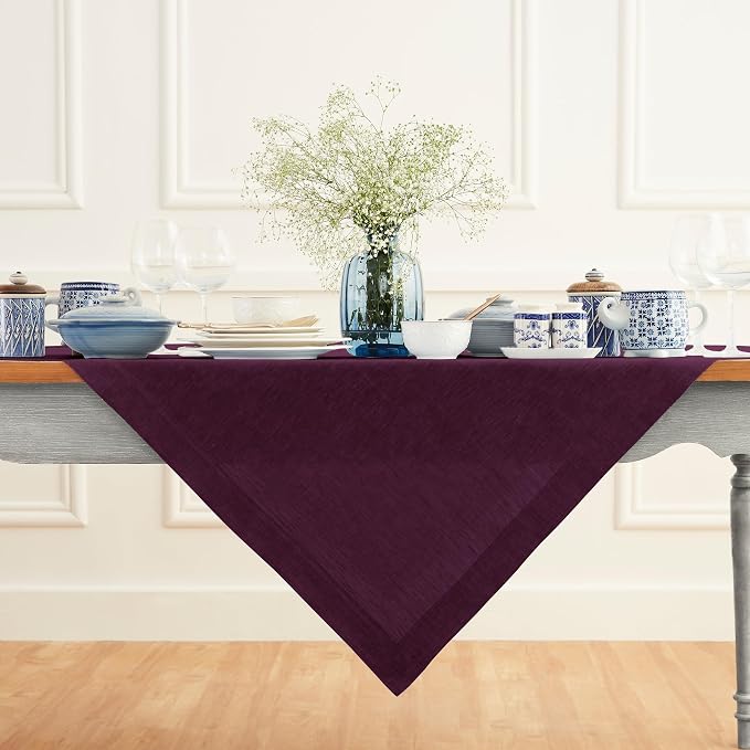 Solino Home Linen Tablecloth 52 x 52 Inch - 100% Pure Linen Square Table Throw - Athena, Machine Washable Chambray Burgundy Tablecloth