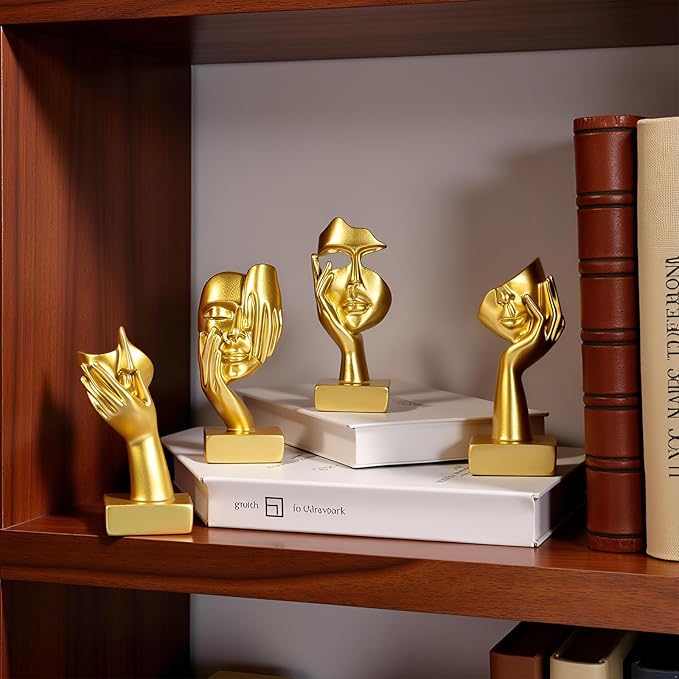 4 PCS Gold Thinker Statue Set – Abstract Sculptures Home Decor for Bookshelf, Office, TV Stand Knick Knacks – See No Evil, Hear No Evil, Speak No Evil Figurines, Unique Gift for Women