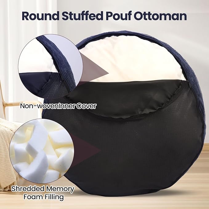 Round Pouf Ottoman Foot Rest with Foam Chunk Filling, Corduroy Ottomans for Living Room Floor Poufs (20"x15",Navy Blue)