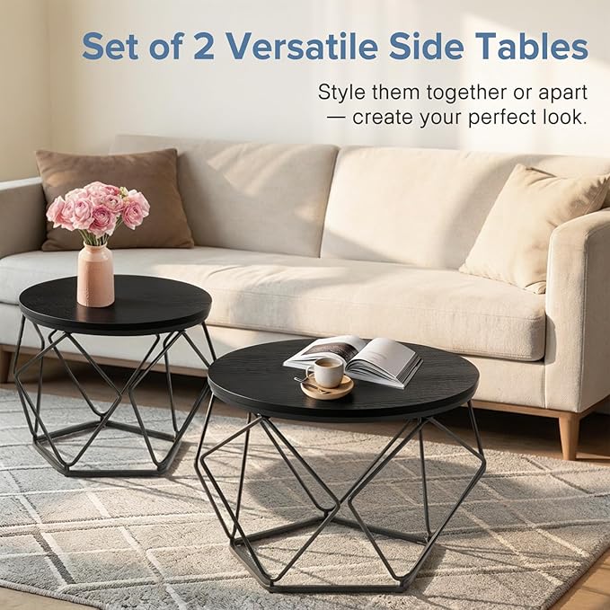 DUMOS Modern Geometric 2Pack Coffee Table, Round Nesting Side Tables with Hidden Storage, Movable End Tables for Living Room Decor & Practical Use Black