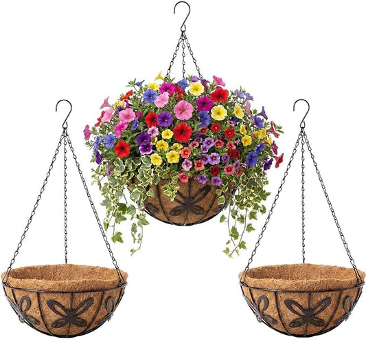 3 Pack Hanging Baskets for Plants Outdoor 10 Inch Butterfly Metal Hanging Planters with Coco Coir Liner, Round Hanging Flower Basket for Home Garden Patio Balcony Porch