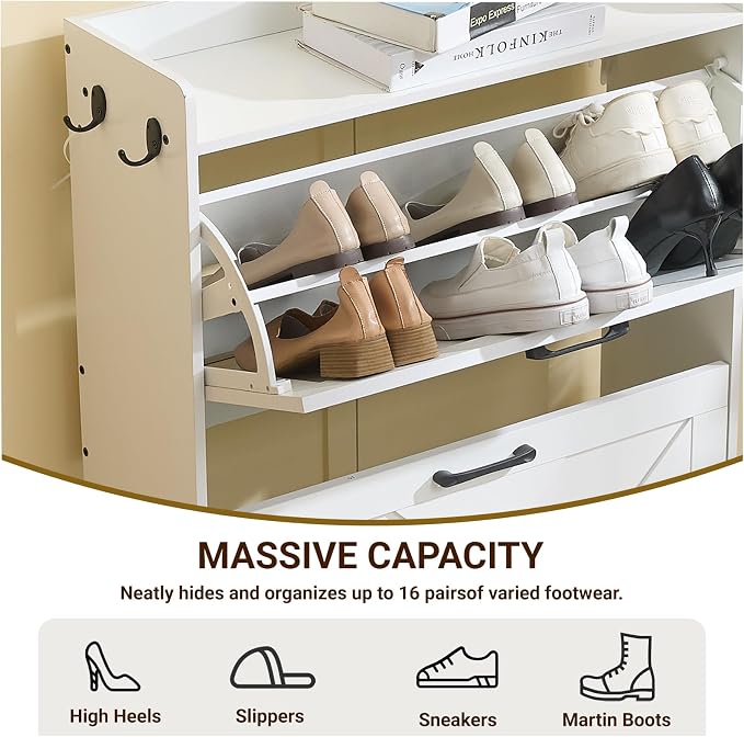 Shoe Cabinet Storage for Entryway, Narrow Slim Shoe Organizer with 2 Flip Drawers & Adjustable Shelves, Freestanding Space-Saving Shoe Rack for Hallway, Foyer (White)