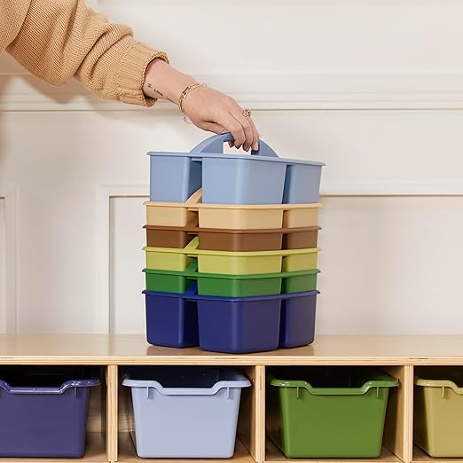 ECR4Kids 3-Compartment Small Plastic Caddy, Multipurpose Organization, Earthtone, 6-Pack