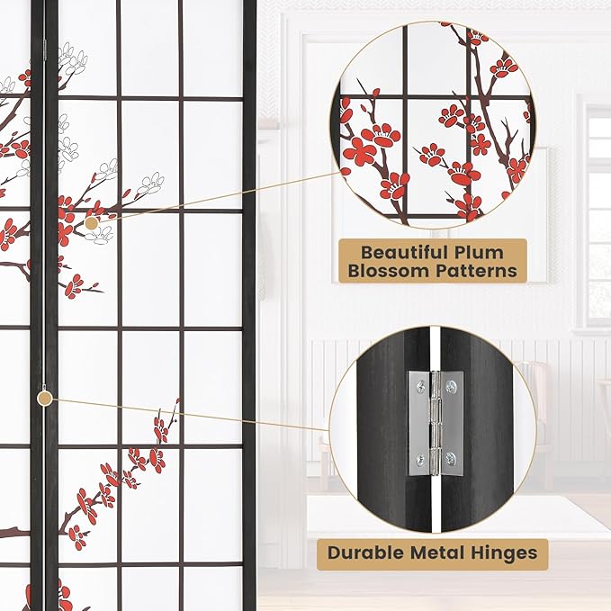 GOFLAME Japanese Style 4 Panel Room Divider, 6ft Folding Shoji Screen Room Partition with Plum Blossom Design, Solid Wood Frame, Freestanding Wall Divider, Indoor Room Separator for Home Office