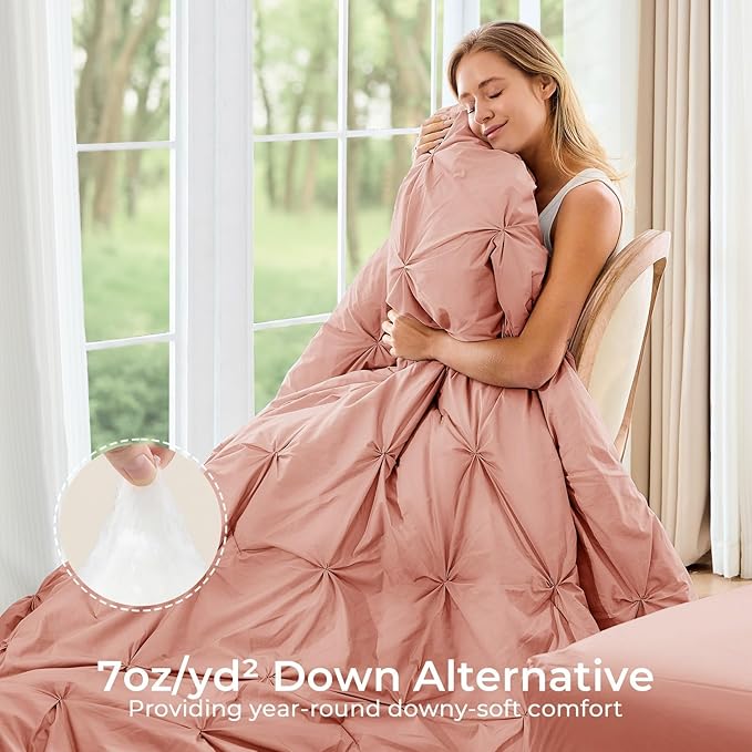 Sasttie King Size Comforter Set, 7-Piece Bed in a Bag, Pintuck Bedding Set for All Season, Includes Comforter, Flat Sheet, Fitted Sheet, Pillowcases and Pillowshams, Blush