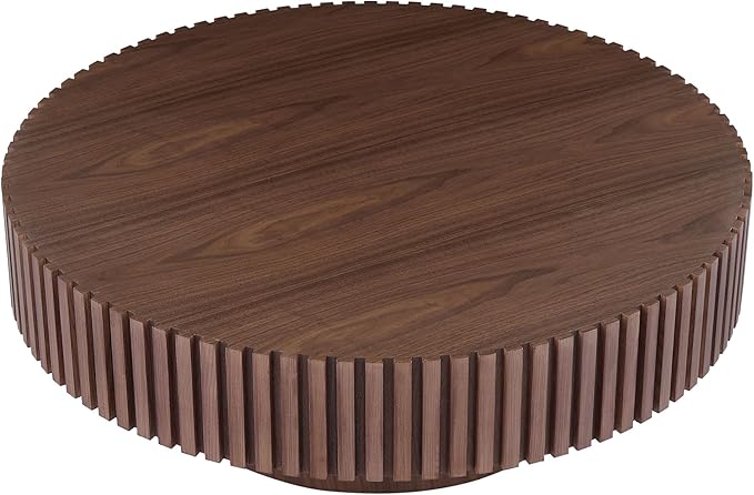 31.49" Walnut Round Coffee Table Wood, Modern Fluted Coffee Table for Living Room, Contemporary Low Circle Center Table Side Table for Small Space, Apartment, Farmhouse, Office, mesa de Cafe
