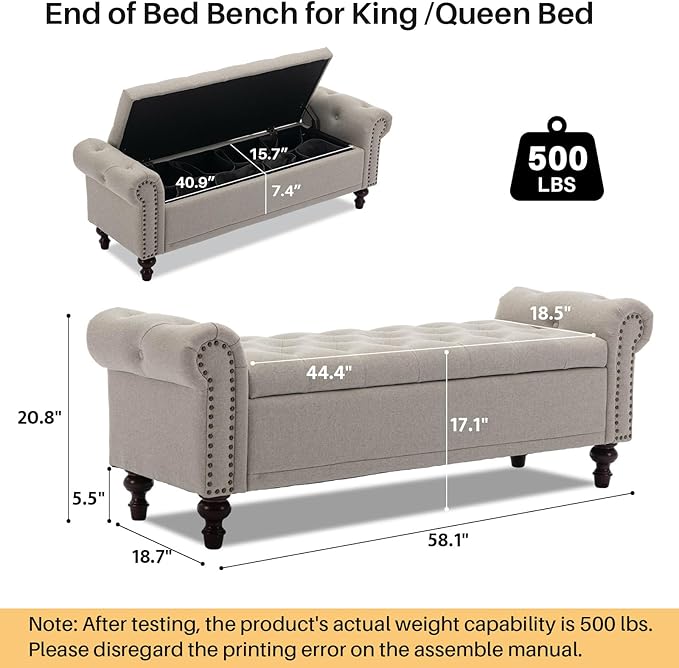 SOFTHION 58.1" Storage Bench Upholstered Linen End of Bedroom Bed Bench Ottoman with Tufted Cushioned Rolled Arm Large Storage Space for Reading Living Room Entryway, Light Brown