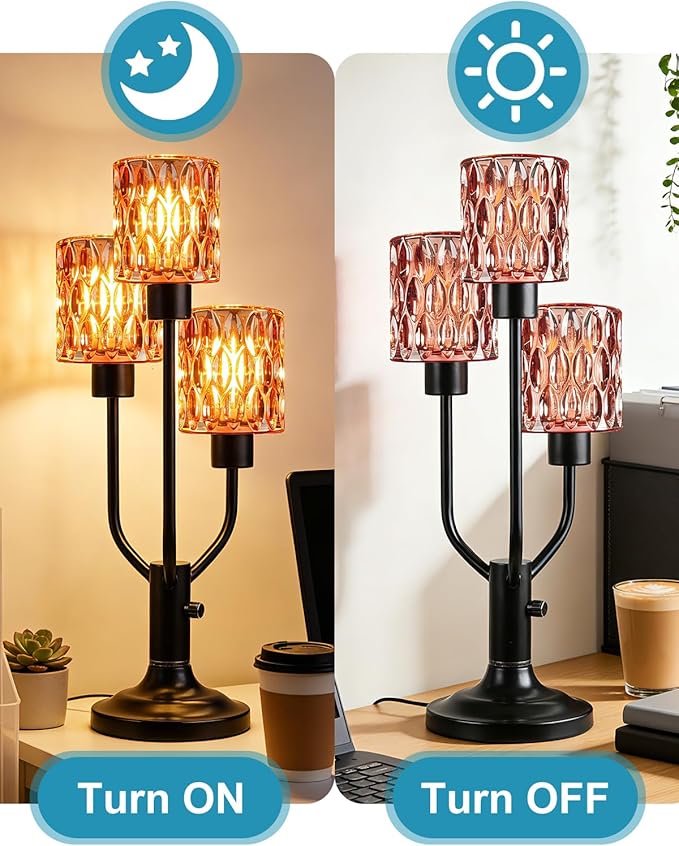 Lightdot Modern Glass Table Lamp Dimmable Mid Century Black Desk Lamp with Thickened Red Glass 3 Bulbs Included 3000K Warmwhite Nightstand Lamp for Bedroom Bedside End Table