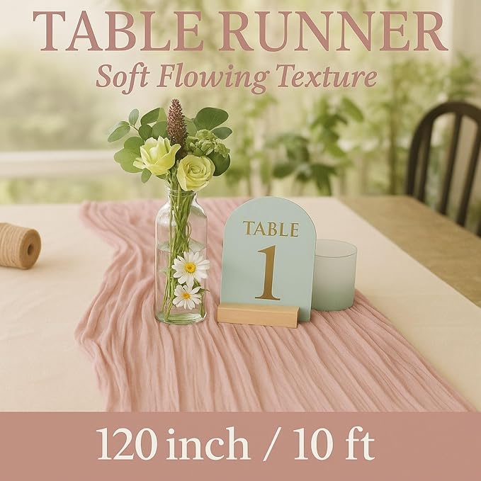 10FT Dusty Pink Cheesecloth Table Runner – 120 Inch Blush Gauze Table Decor for Baby Girl Shower, Bridal Brunch, Mother’s Day, or Romantic Vintage Party Setup
