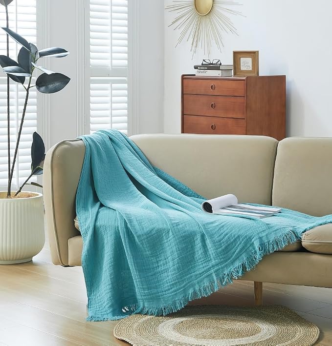 100% Cotton Muslin Throw Blanket for Bed, Couch, Small, Decorative, Soft, Pre-Washed, Breathable and Lightweight Gauze Blanket with Fringes(Teal, 50"x60")