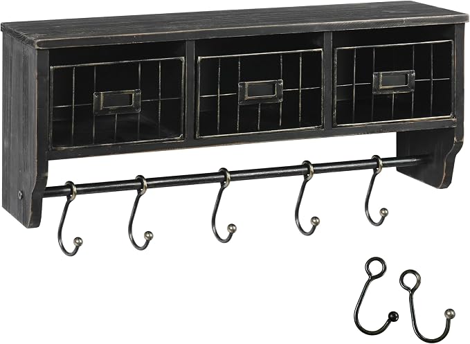 BizChair Wall Mounted Storage Rack - Blackwashed Solid Pine Wood - 24 Inch - Upper Shelf - 5 Hooks - Wire Baskets - For Entryway, Kitchen, Bathroom