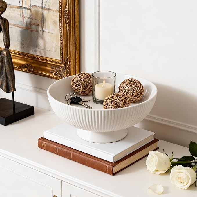 Gutedeal 10 Inch Large Decorative Bowl Handmade Ceramic Matte White Striped Decor Bowls, Spacious Fruit & Key Catch All Bowl for Kitchen Counter, Entryway, Centerpiece, Wedding
