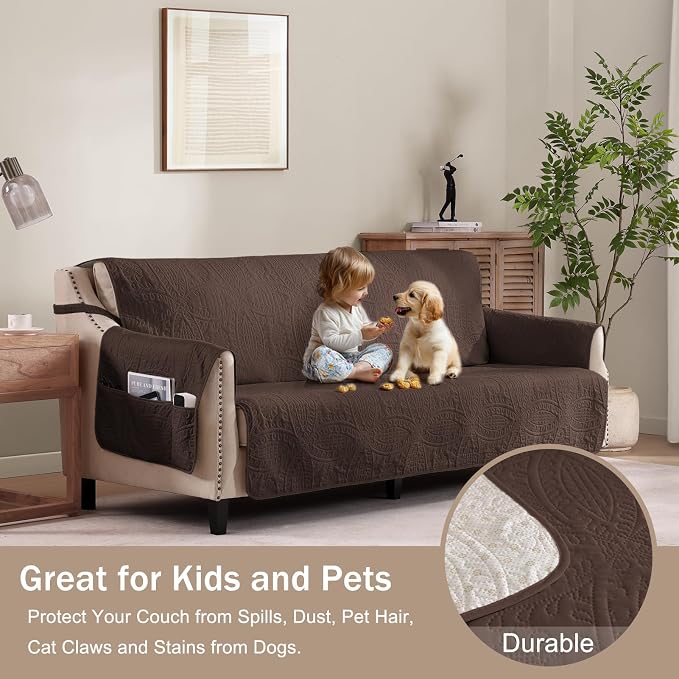 Large Brown Recliner Chair Covers, Quilted Décor Water-Repellent Lazy Boy Chair Covers, Pet Friendly Large Recliner Cover for Dogs Cats, Washable Couch Cover (Recliner 30", Chocolate)