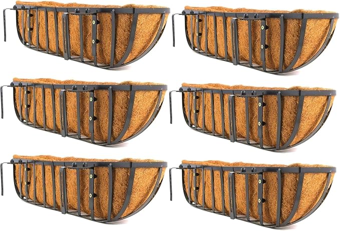 Window Box Planters with Coco Liners, Rustproof Metal Hanging Flower Boxes for Outdoor Railing, Fence and Window Sill (36Inch/6PACKS)