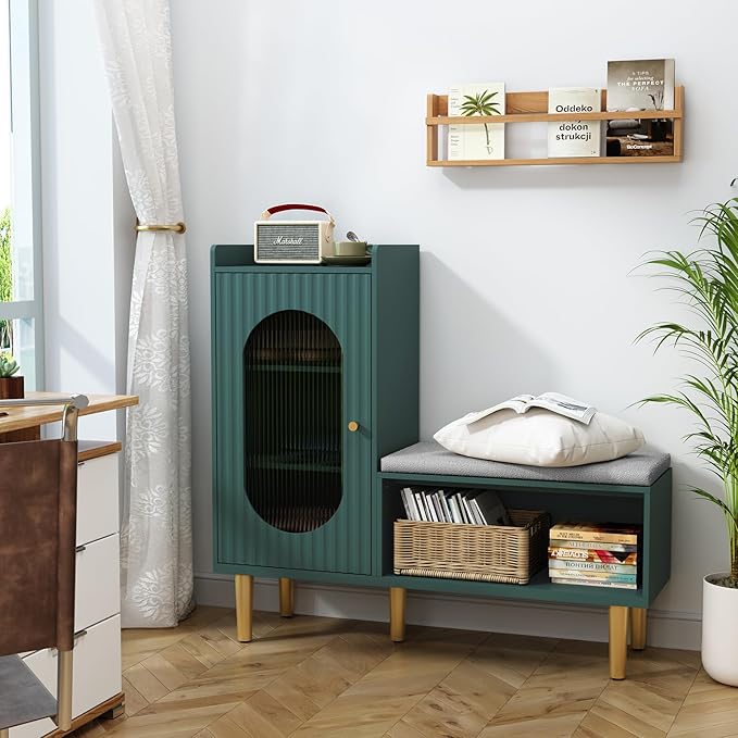 HLR Storage Bench Set of 2, Green Modern Entryway Shoe Cabinet Bench with Glass Door&Shelf, L-Shaped Storage Cabinet with Padded Seat for Hallway, Bedroom, Living Room, Office