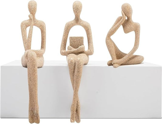 Gold Home Decor Thinker Statue Accents, Set of 3 Thinker Sculptures Office Decor Modern Abstract Resin Decoration on Shelf Table Desk for Living Room Office Bedroom Bookshelf Decor (Small Sandstone)
