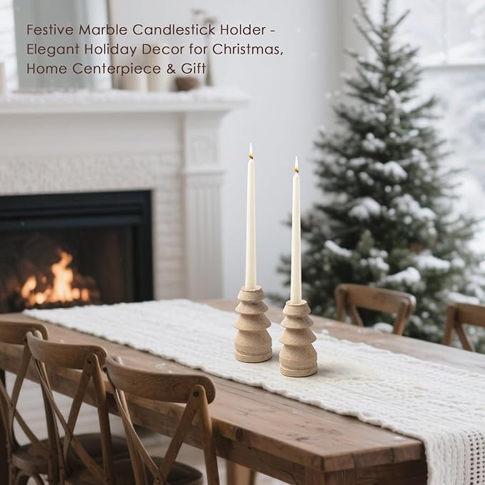 Marble Candle Holders Set of 2, Natural Stone Candlestick Holder for Christmas Decor, Wedding Centerpiece, Dining Table Fits 3/4" Taper Candles, Non-Slip Base, Light Brown (WH070)