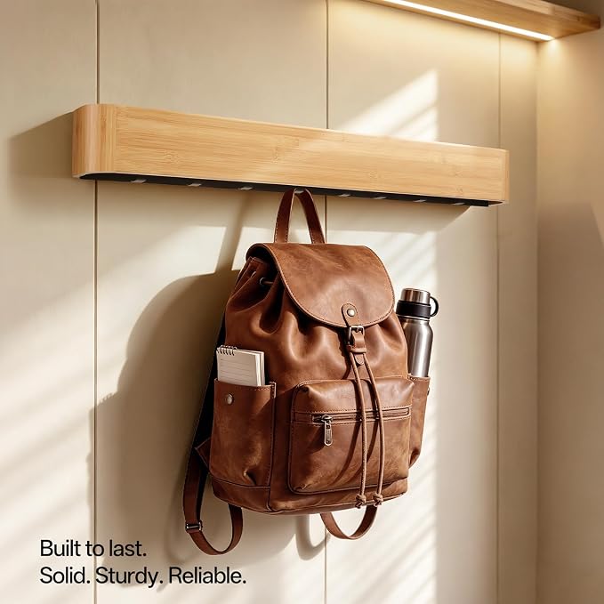33" Bamboo Coat Rack Wall Mount with Shelf, Heavy Duty Wall Hanger with 8 Hidden Hooks & Soft Curved Edges, Sleek Floating Design for Entryway & Office, Natural