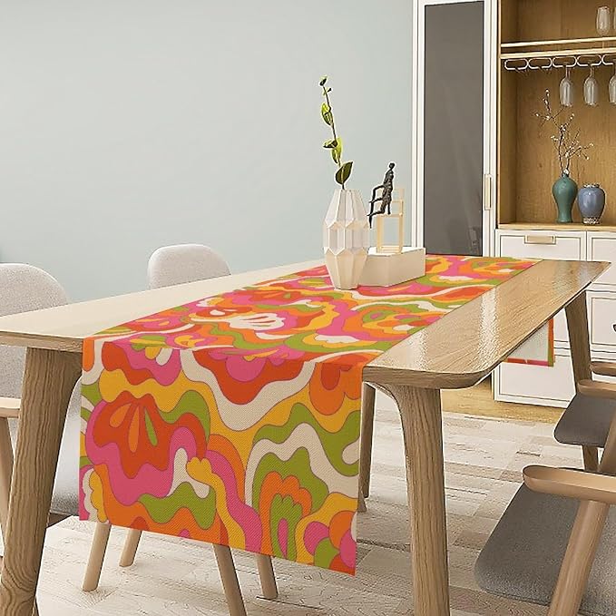 Vintage Groovy Floral Table Runner Nostalgic Retro Hippie 70s Wavy Abstract Colorful Flowers Dinner Runner for Home Kitchen Dining Table Holiday Party Decor 13"x120"